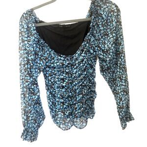 Jane & Delancey Blue Floral Ruched Blouse Size S Romantic Long Sleeve Top
